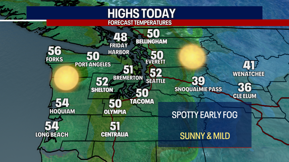 A map showing the high temperatures forecast for Saturday in Seattle.