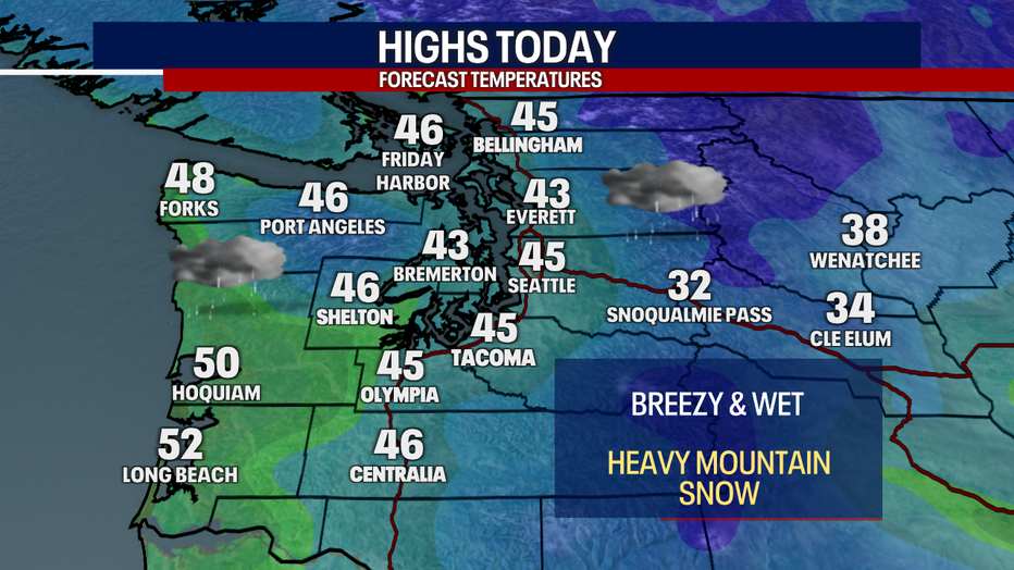 A map showing the high temperatures forecast in Western Washington on Tuesday.