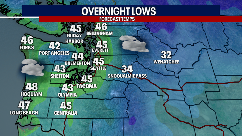A map showing the overnight low temperatures in Western Washington.