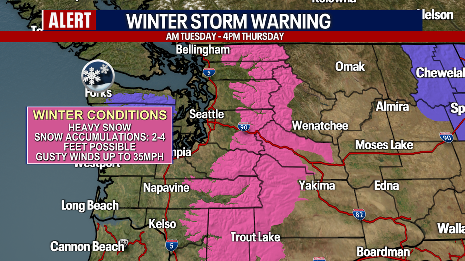 A map showing the areas where a Winter Storm Warning has been issued.