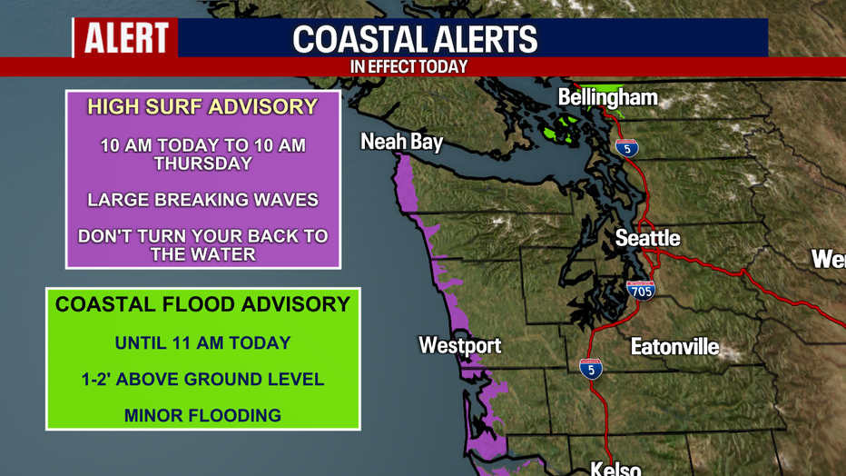 A Coastal Flood Advisory is posted for Western Whatcom County, north of Seattle.
