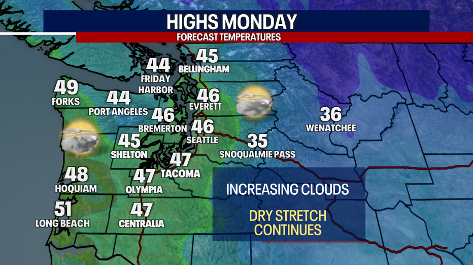 Forecast highs around Western Washington on Monday.
