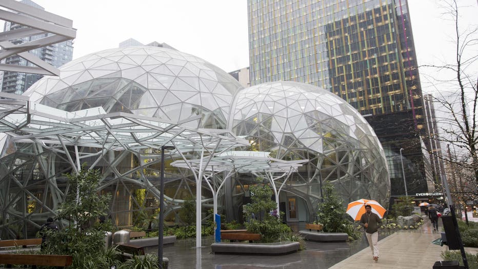 person walks by amazon spheres with umbrella