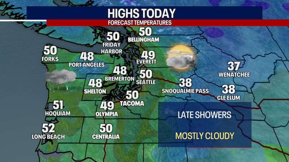 Mostly cloudy skies are forecast in Seattle on Saturday with rain returning later.