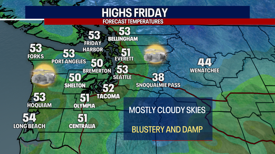 Mostly cloudy skies and highs in the low 50s are predicted in Seattle on Friday.