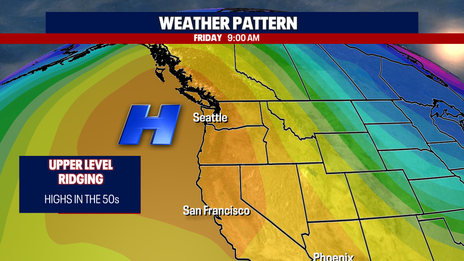 A map showing the ridge of high pressure over the Pacific Northwest.