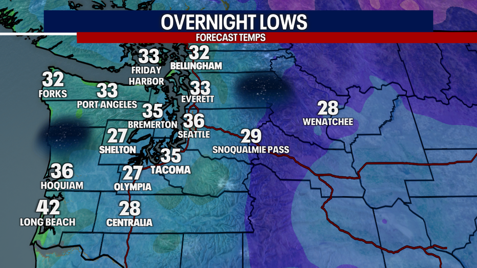 Overnight lows in Seattle will tumble to the mid 30s under mostly clear skies with dry weather.