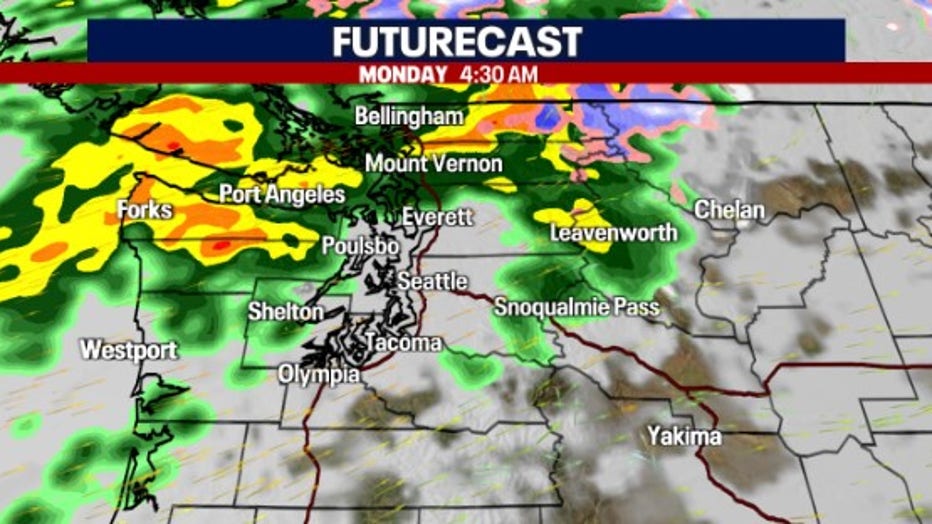 weather graphic shows where rain will be heavy in western washington