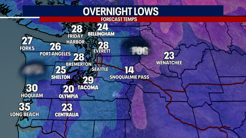 Freezing fog and dry weather are a potential overnight in the greater Seattle area.