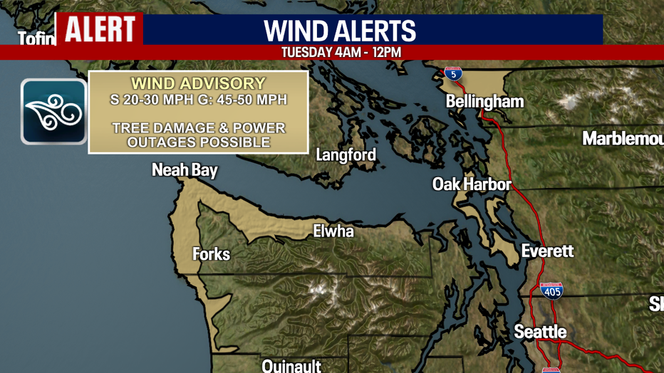 A map showing the areas of a wind advisory in Western Washington.