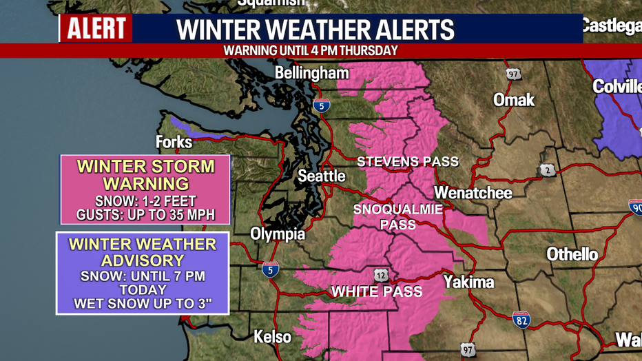 Driving over the passes east of Seattle could be treacherous with snow and wind.