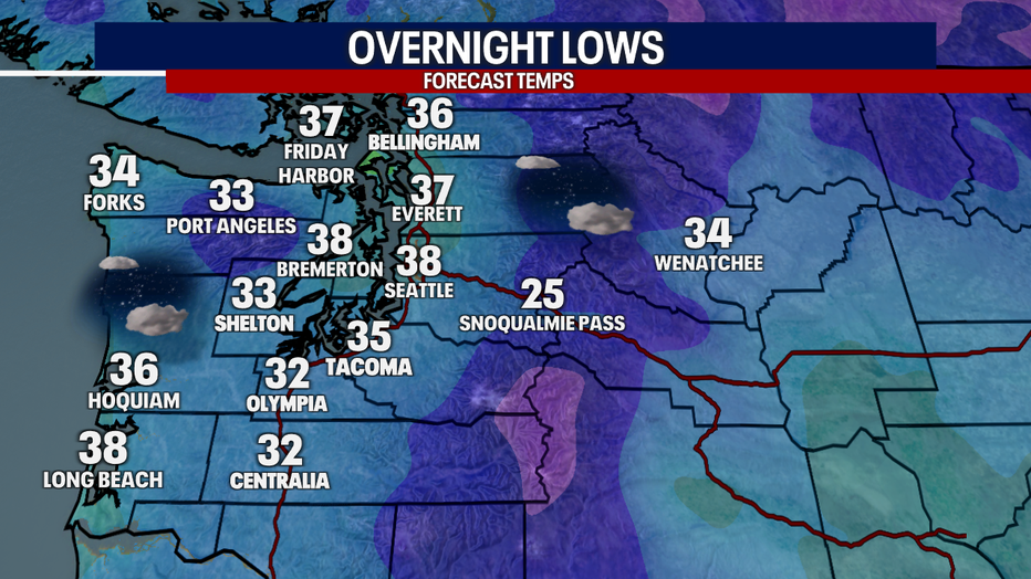 A map showing the forecasted overnight low temperatures in Western Washington.