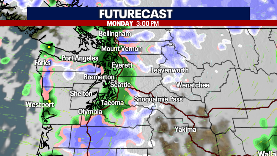 Wintry mix possible at times in the lowlands on Monday. 