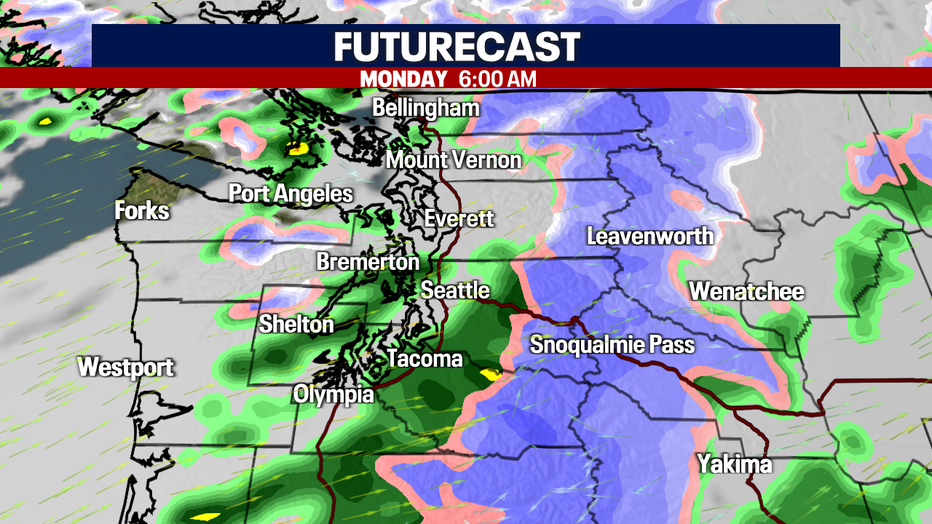 More lowland rain and mountain snow expected on Monday.