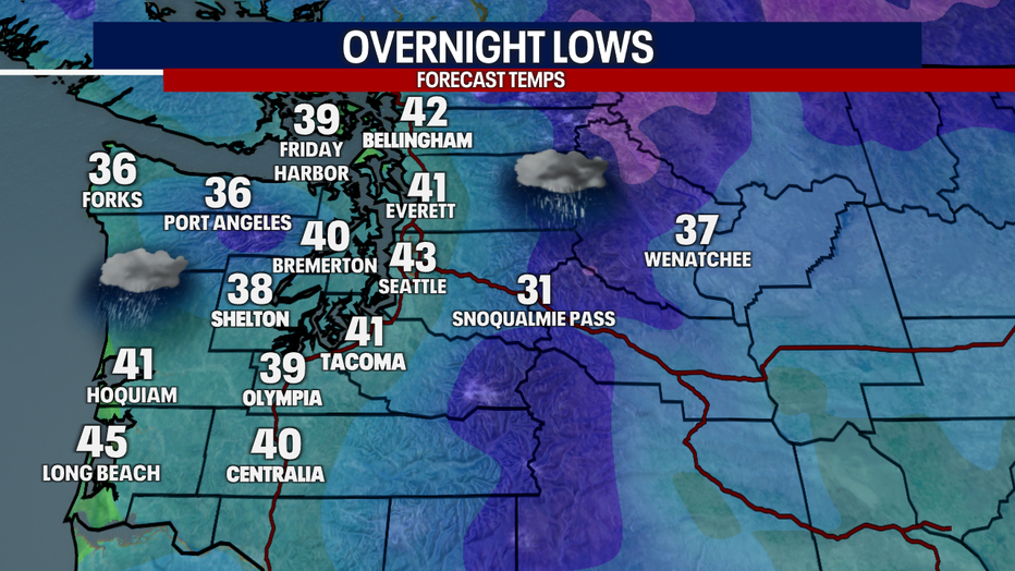 A map showing the overnight lows on Monday.