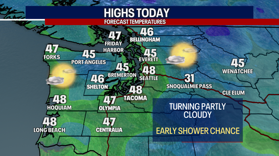 A map showing the high temperatures expected in Western Washington on Saturday.