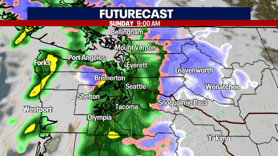 Clouds and rain around Western Washington on Sunday.