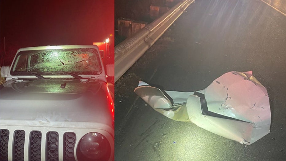 A driver escaped injury after the hood of someone else’s car flew through their windshield in Puyallup, according to the Washington State Patrol. The WSP made the initial alert on social media at 6:30 a.m. on Feb. 19. According to WSP Trooper Kameron Watts, the hood of a sedan detached from the vehicle, flew in the air, and struck another driver’s Jeep Wrangler. Fortunately, the detached hood just narrowly missed the Jeep driver’s head. Troopers say the suspect vehicle has yet to be located. Anyone with information is asked to contact the WSP. 