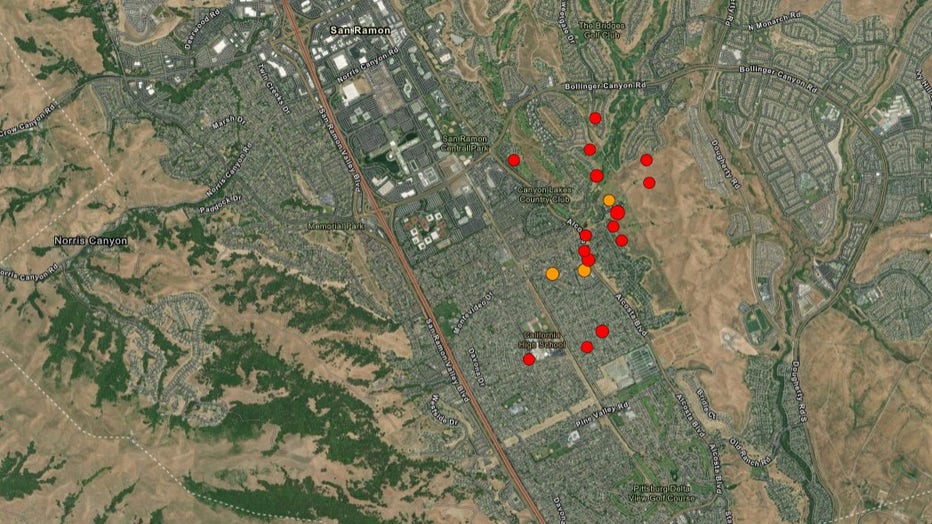 A cluster of earthquakes was felt by thousands of Californians in the San Francisco Bay Area Monday morning. According to the United States Geological Survey (USGS), there were 17 different earthquakes near San Ramon, California between 6:27 a.m. Monday and 7:42 a.m. The largest of the earthquakes measured at a magnitude of 4.2, and struck 2.5 miles east, southeast of San Ramon at a depth of about 5.8 miles. As of 7:48 a.m., around 4,000 people reported feeling the earthquake to the USGS. Anyone who felt the quake is encouraged to report it on the agency's website. There were no reports of damage or injuries. While many factors affect whether damage occurs, geologists say it typically doesn't begin unless earthquakes exceed about magnitude 4 or 5.