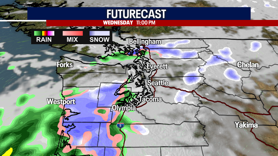 Seattle weather shows scattered showers possible tomorrow morning before activity gradually diminishes through the day.