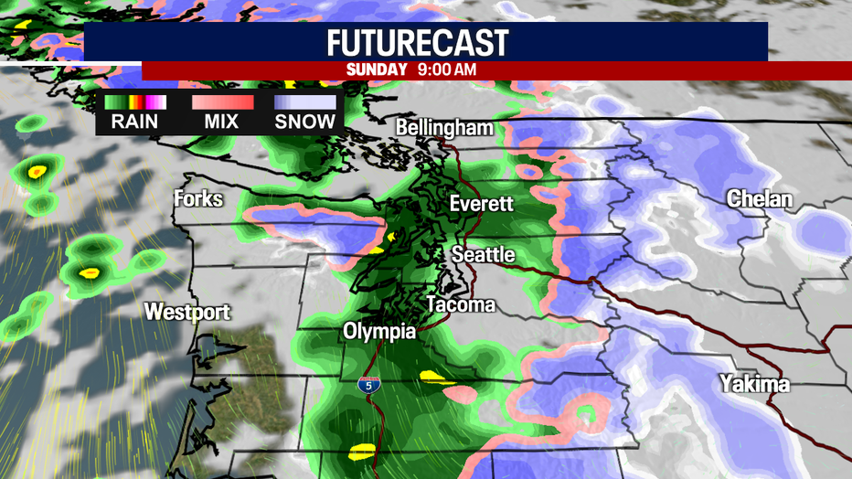 Seattle weather FutureCast shows a cloudy, cool Sunday morning with scattered showers before a mix of sunbreaks and heavier rain develops at times.
