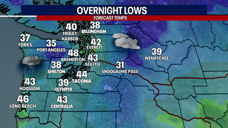 Partly cloudy weather and lows in the 40s are expected in Seattle for Sunday morning.