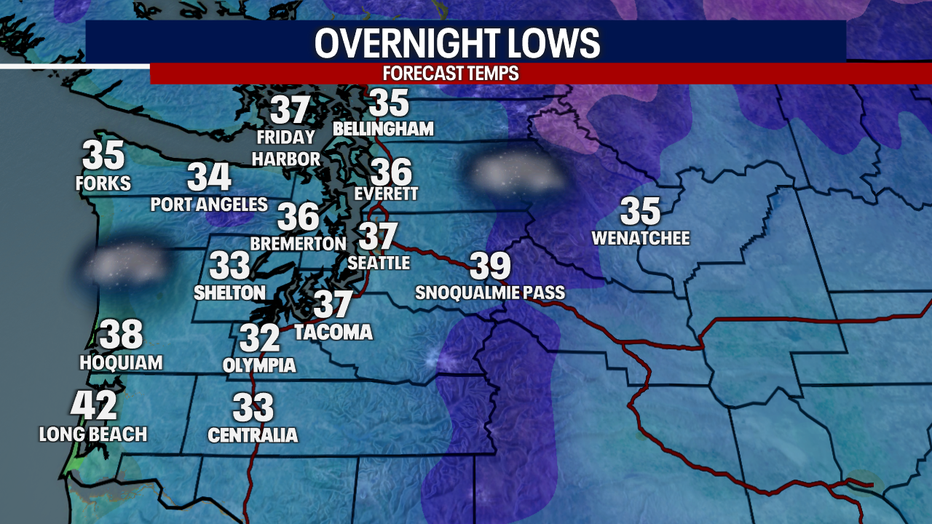 Cloudy weather with lows in the 30s are on tap for Seattle on Thursday morning.
