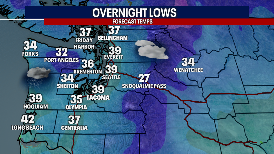 Seattle weather turns chilly early Saturday with overnight lows dropping into the 30s under mostly cloudy skies as tapering showers wind down.