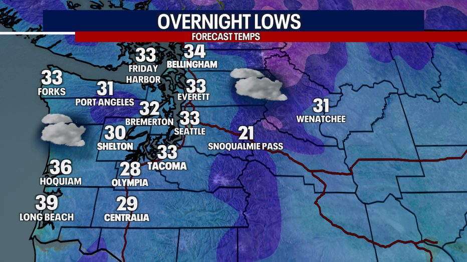 Seattle weather overnight will turn colder with temperatures at or below freezing in some neighborhoods by Monday morning.