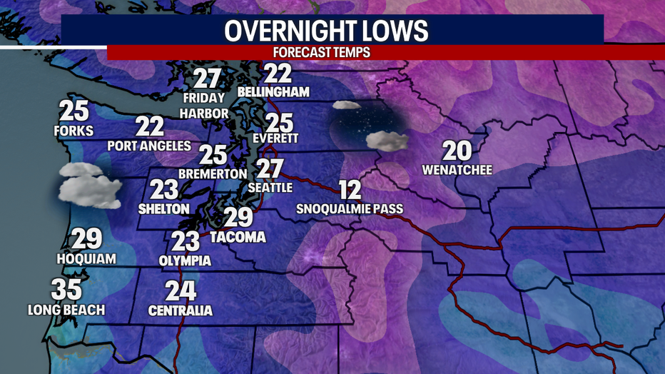 Seattle weather turns sharply colder overnight with temperatures dropping into the 20s for most areas by early Friday.