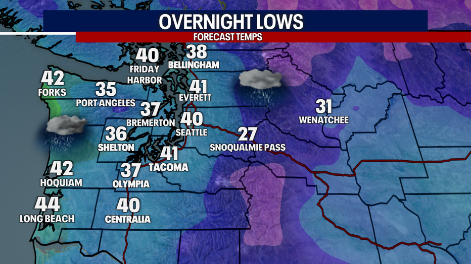 Seattle weather overnight will stay cool with cloudy skies and occasional showers heading into Sunday morning.