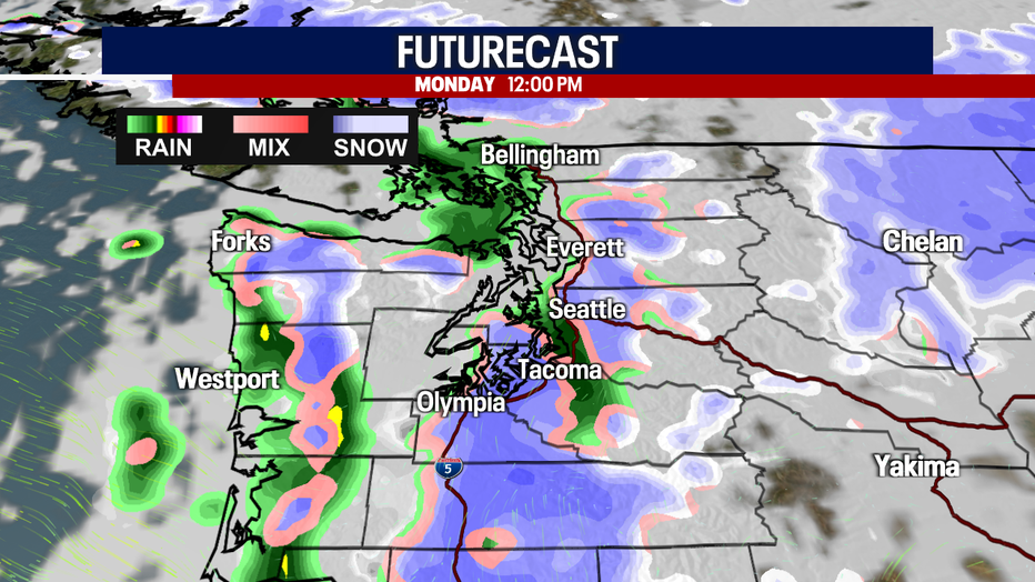 Seattle weather on Futurecast shows scattered showers arriving overnight with a brief window for a rain-snow mix Monday morning.