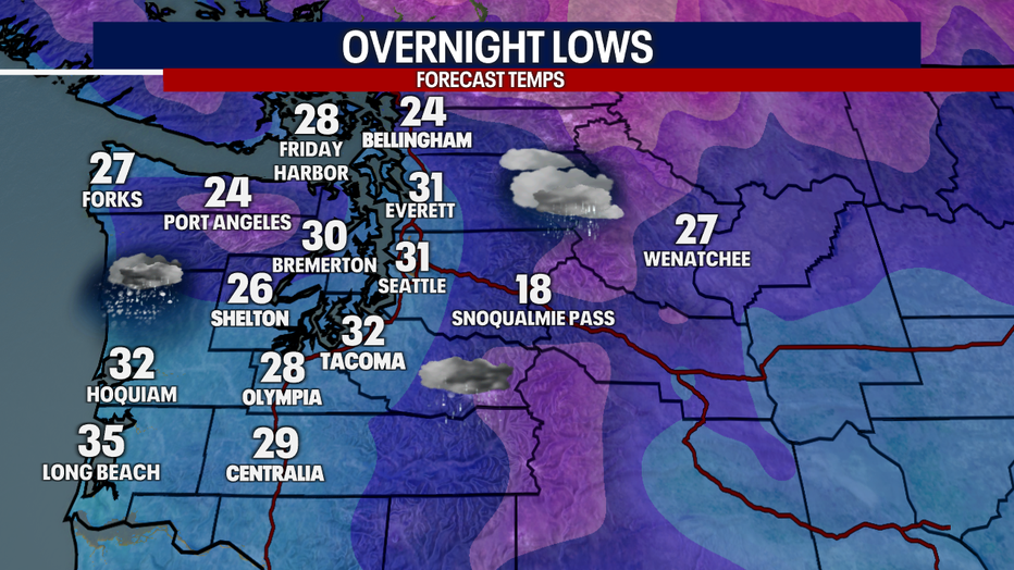 Seattle weather turns cold overnight with lows dropping into the mid-20s to below 30 degrees across the region.