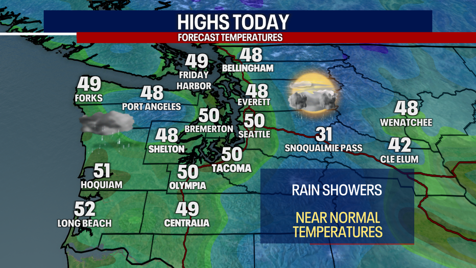 A map showing the forecast highs Monday for Western Washington.