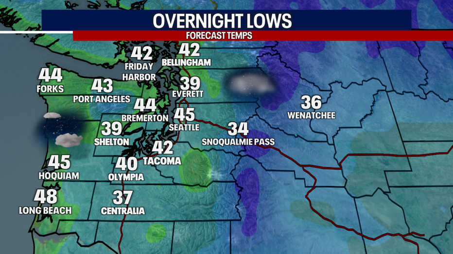 A map showing the overnight lows Wednesday night in Western Washington.