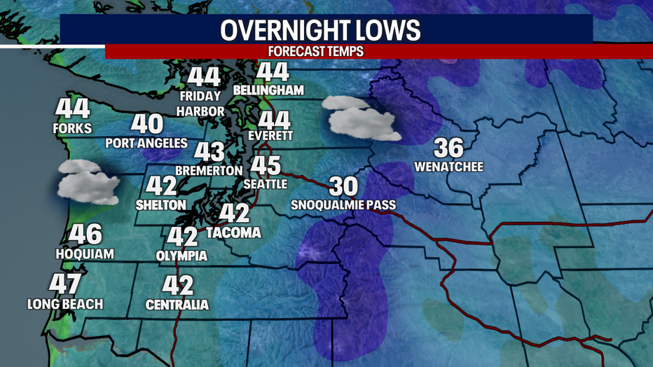 Forecast lows around Western Washington Sunday night.