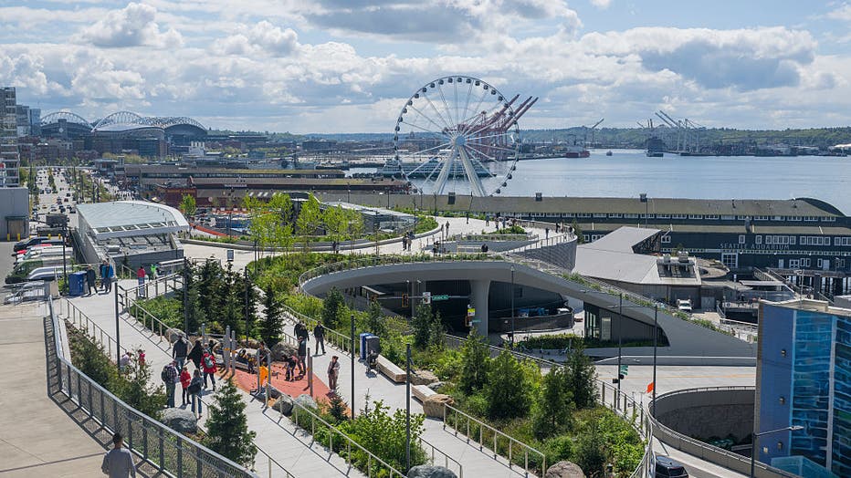 a general view of the seattle waterfront as seen from pike place market