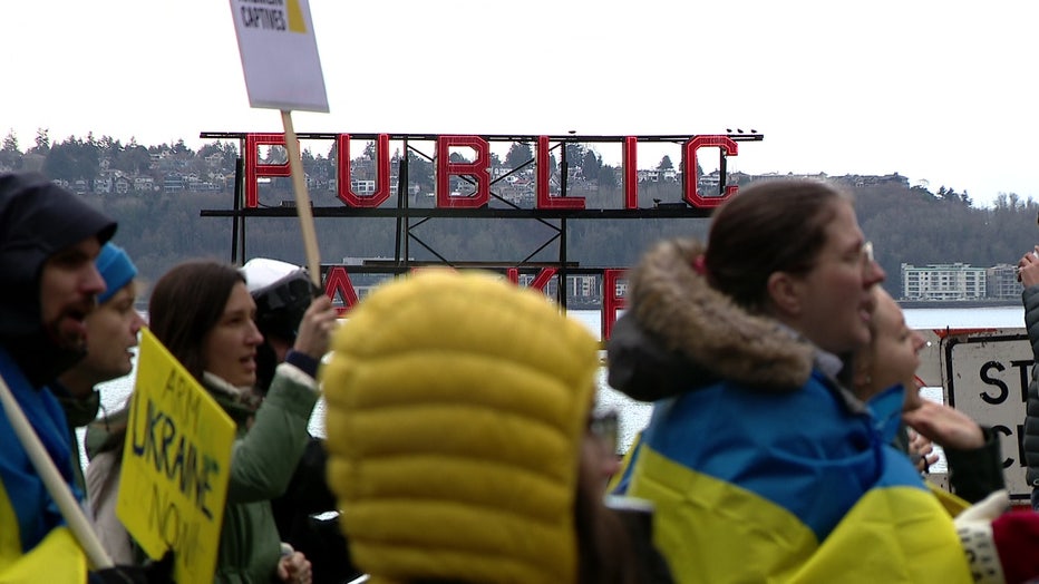 protestors march through seattle from pike place market to city center on the fourth anniversary of the ukraine and russian war