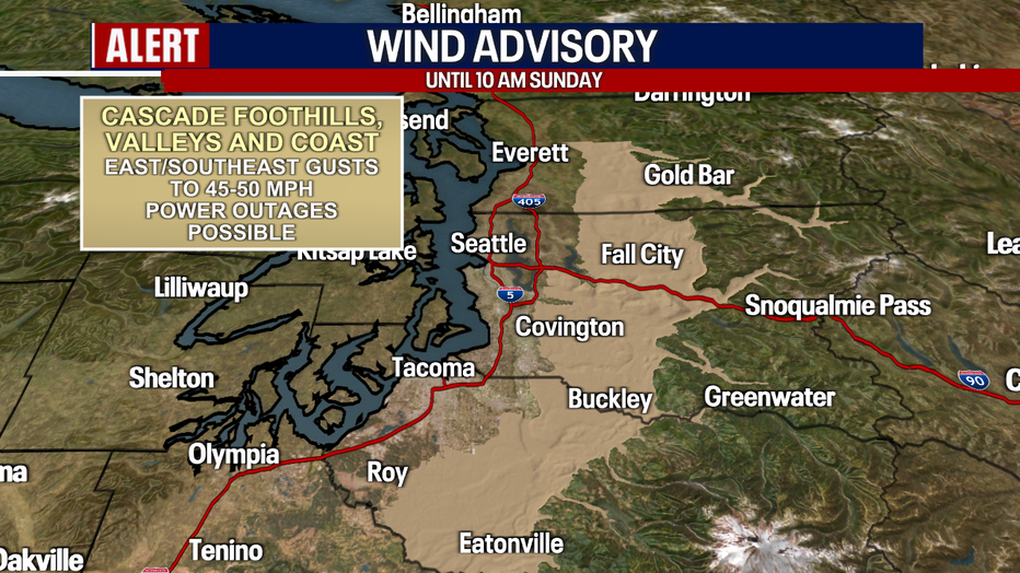 Seattle weather includes a Wind Advisory for the Cascade foothills and parts of the coast with gusts up to 50 mph possible.