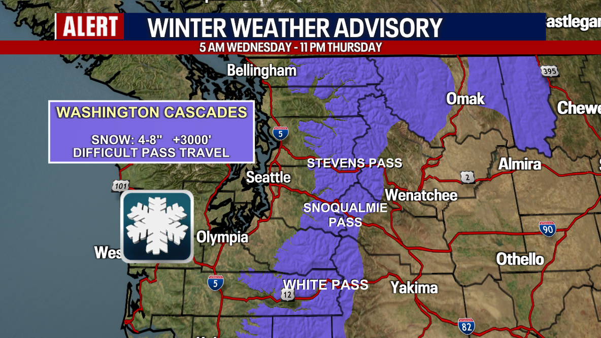 Seattle weather: Wet, breezy and mountain snow showers Wednesday