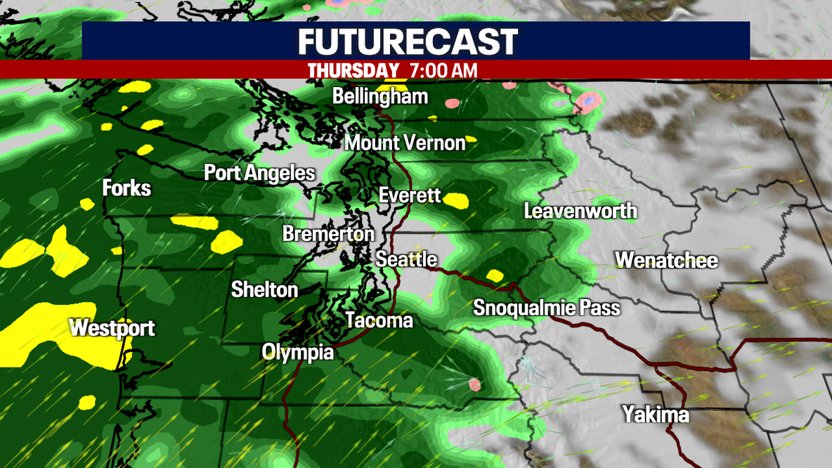 Seattle weather: Heavy rain at times Thursday, flood watch continues