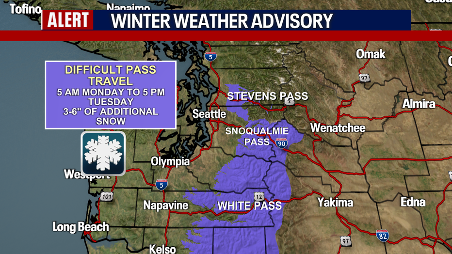 A map showing the areas of a Winter Weather Advisory in the Washington Cascades.
