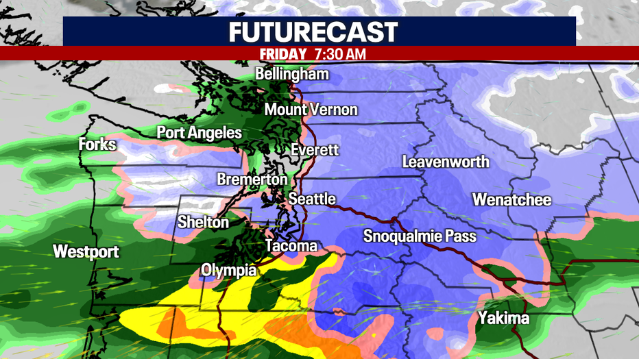 Forecast clouds, rain and snow around the region.