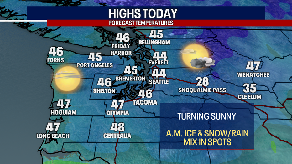 A map showing the forecast high temperatures Saturday in Western Washington.