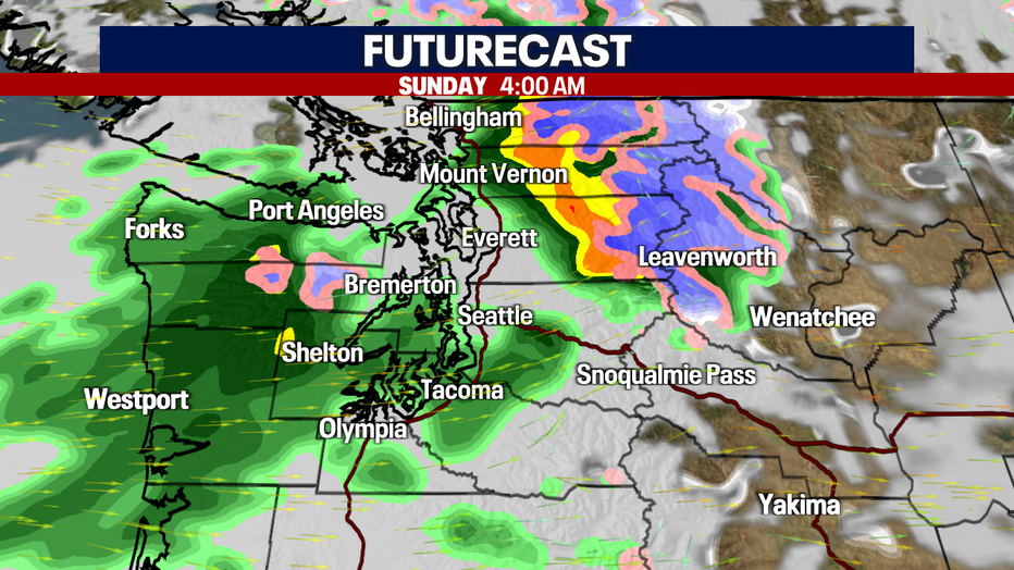 Forecast clouds and rain around Western Washington.