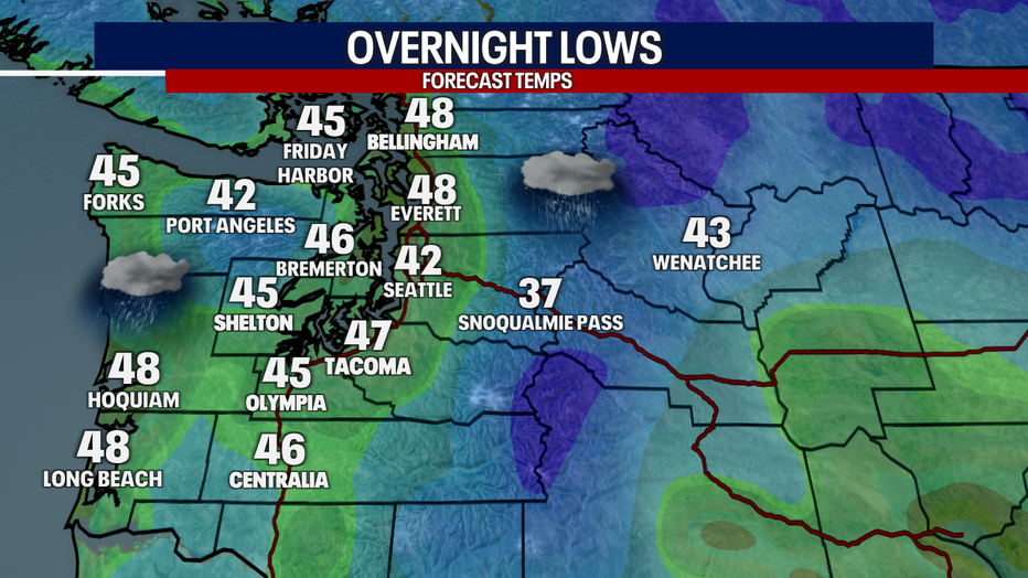 The overnight lows for Tuesday morning in Western Washington.