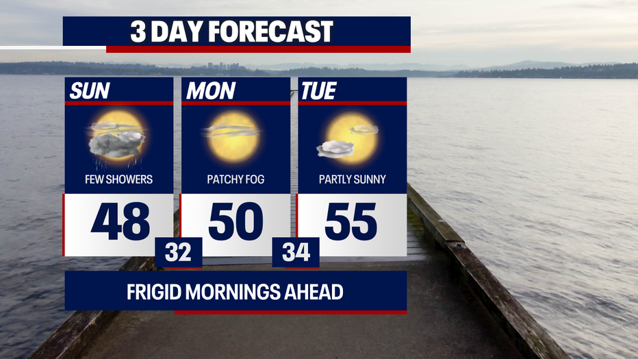 Seattle weather remains cold but fairly calm with a mix of sun and clouds over the next few days.