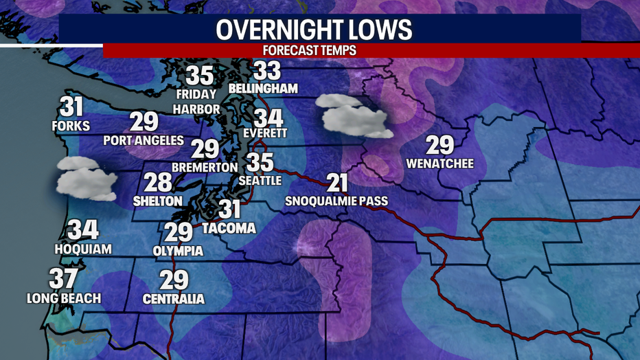 A map showing the forecast overnight lows on Monday in Western Washington.