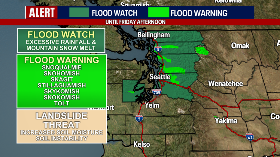 A map showing the areas of Flood watches and warnings in Washington State.