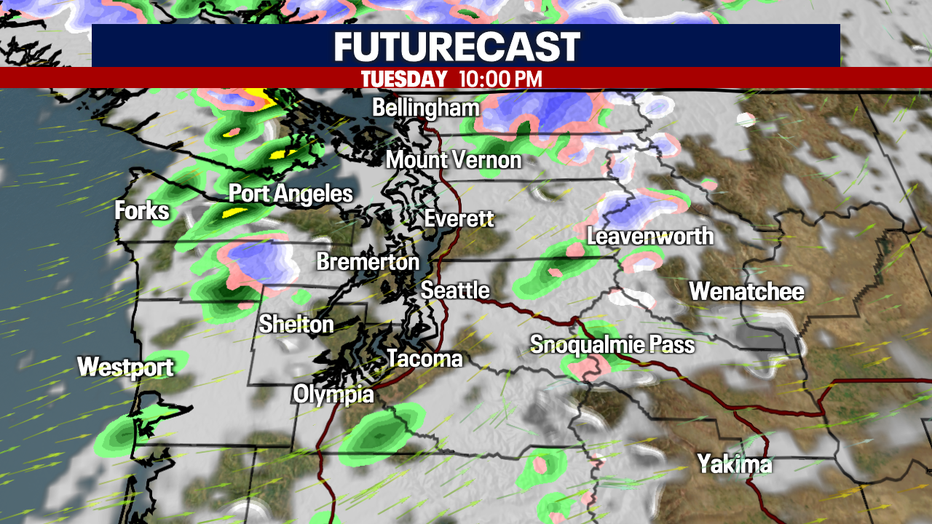 Forecast clouds and rain around the region Tuesday evening. 